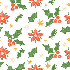 Obraz premium Christmas Crayon Seamless Pattern with poinsettias, holly. New Year Ornament. Textured Hand-Drawn Doodle