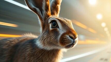 Nature's hare in motion with a blurred background and copy space
