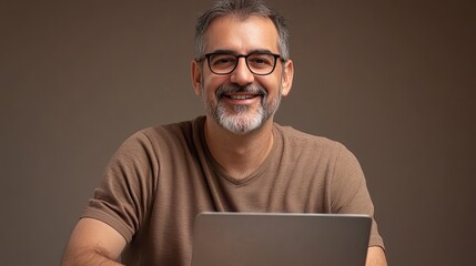 Confident middle aged man with glasses smiling and using laptop for remote work or online learning, embodying modern professionalism and connection