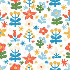 Obraz premium Crayon Floral Seamless Pattern. Bright Chalk Flowers, Berries and Branches. Folk Art Ornament handmade. Textured Hand-Drawn