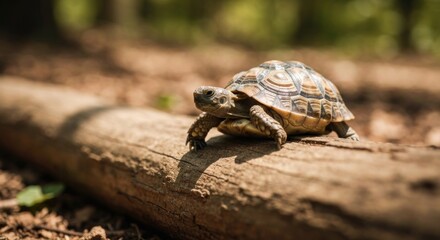Fototapeta premium Tiny tortoise walks on a textured log in natural setting, blurred green background
