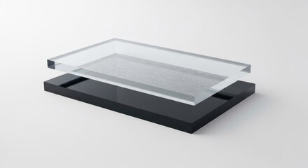 Transparent rectangular plate rests on a dark rectangular base, with a patterned texture
