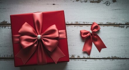 Top-down view of a red gift box with a bow and a small bow on rustic white wood
