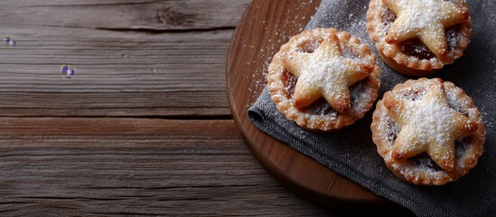 Fototapeta premium Rustic, dark, and moody winter holiday tarts dusted with powdered sugar and spices.