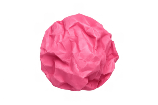 Pink crumpled paper forming a ball, symbolizing a discarded idea, error, or mental block. Transparent background