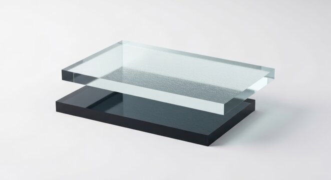 Transparent rectangular prism elevated over dark block, minimalist white studio background