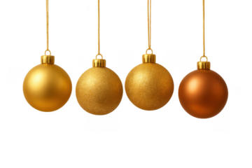 Golden christmas ornaments hanging on transparent background