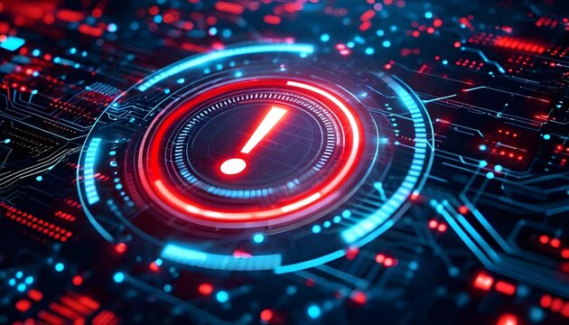 Digital warning sign with exclamation mark on a circuit board.