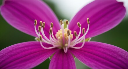 Vibrant magenta flower, five delicate petals, intricate yellow stamens, soft green blur