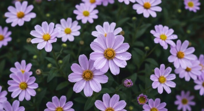 Vibrant purple daisy-like blossoms with yellow centers and water drops on green foliage
