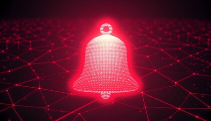 A glowing red digital bell icon is superimposed on a dark background with a red network grid.