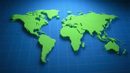 Fototapeta premium 3D rendered green world map displayed on a blue grid background, suitable for educational and geographic representation.