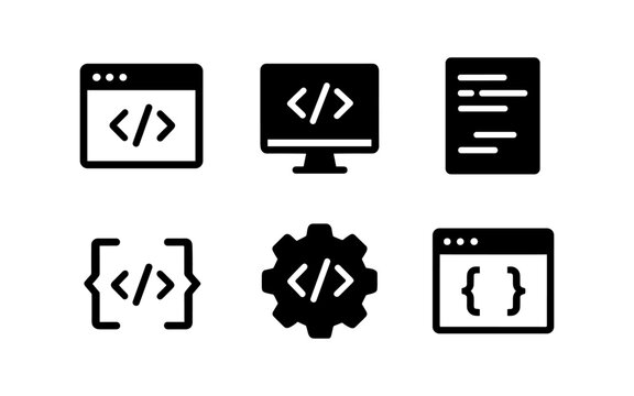 Set of coding symbols: monitor and brackets icons in minimalist design