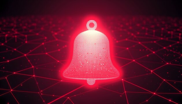 A glowing red digital bell icon is superimposed on a dark background with a red network grid.