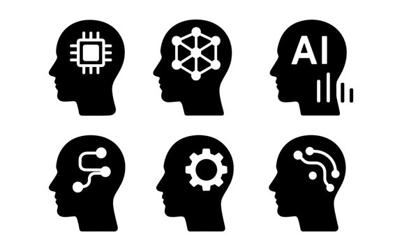 Silhouette icons of human heads with ai and technology symbols