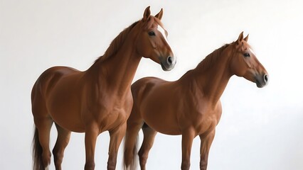 Obraz premium Two brown horses are standing side by side against a plain white background, showcasing their elegant forms.