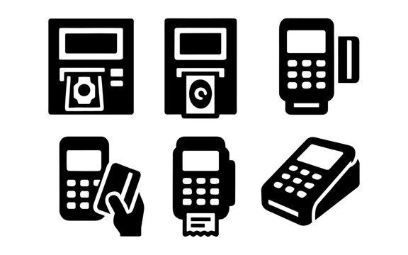 Collection of atm and payment terminal icons in bold silhouette style