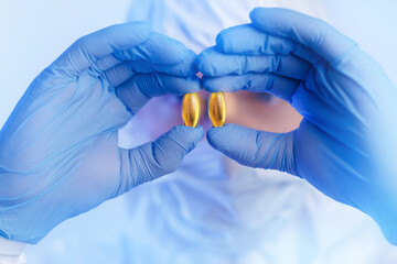 Medical production, worker inspects pill omega capsules quality in pharmaceutical facility