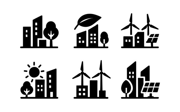 Silhouette icons of sustainable urban development and renewable energy