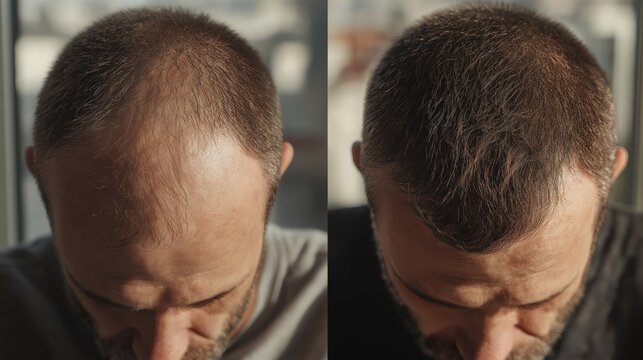 A side-by-side comparison image showing the results of a hair loss treatment on a man's head. The 'before' photo on the left displays significant thinning hair and a visible scalp, characteristic of m