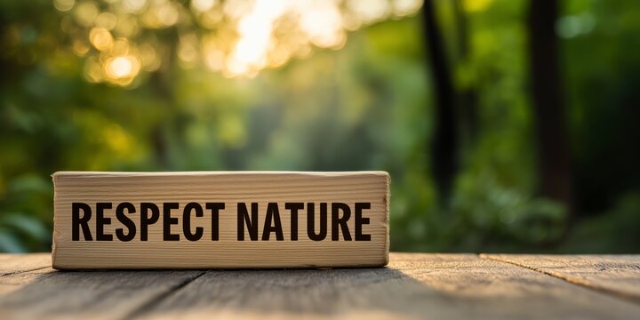 A wooden block with the message "Respect Nature" in a sunlit forest. Environmental conservation and sustainability concept. Copy space for text