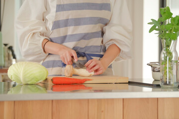 キッチンで料理をする若い女性