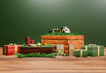 Gift Boxes On Wooden Surface And Blurred Living Room Background With Christmas Decoration