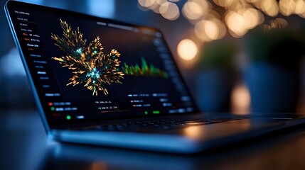 Laptop screen displaying data visualization with glowing neural network graph against blurred bokeh lights background, modern technology concept.