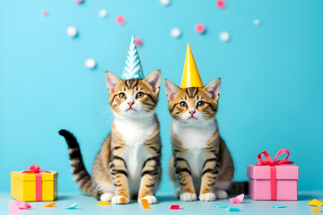 Happy Birthday Funny two kittens wearing party hats with gifts and blue background