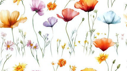 Fototapeta premium Delicate watercolor poppies and wildflowers in orange, pink, purple and blue tones on white background, seamless pattern for fabric, wallpaper and stationery design.