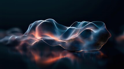 Obraz premium Abstract digital wave pattern with glowing orange and blue light effects on dark background, flowing dynamic lines creating futuristic technology visualization.