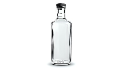 Empty glass bottle with black cap on white background, rectangular shape with elegant design, isolated transparent container for spirits, beverages or liquids.