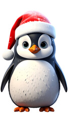 Fototapeta premium Adorable penguin wearing a Santa hat, with sparkling snow effect, spreading winter cheer, making for a festive scene.