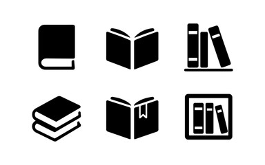 Set of six silhouette book icons with open and closed designs