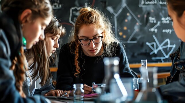 Young female student in glasses focused on scientific experiment while working with classmates in chemistry laboratory against chalkboard with formulas. - Powered by Adobe