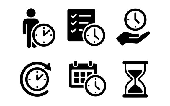 Time management icons: simplified black silhouette designs for effective scheduling