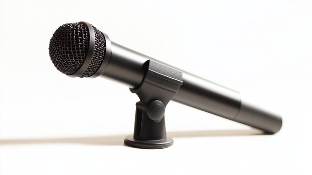 Professional black microphone poised for performance, capturing crystal clear audio for podcasts, music, or presentations with impactful sound quality.