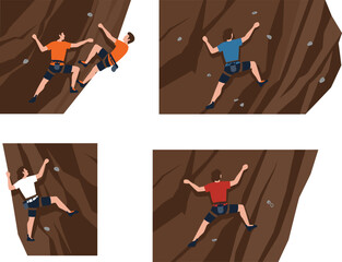 Rock climbing vector illustration set, four climbers on vertical cliff, varied poses and gear, outdoor adventure, athletic motion, extreme sport concept