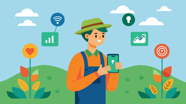 A farmer receiving realtime alerts on his phone from soil health sensors when certain levels in the soil reach critical levels.. Vector illustration