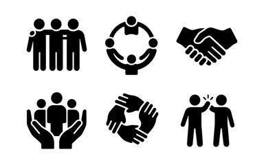 Collaborative teamwork icons representing unity and support in black silhouettes