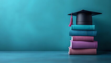 Graduation cap on stack of colorful books against turquoise background with copy space, symbolizing academic achievement and higher education success.