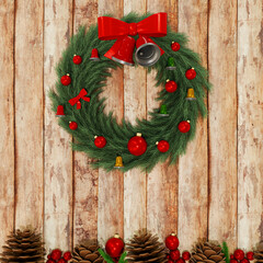 Christmas decorations on wood textured background with red berries, traditional decorations and dried pine cones