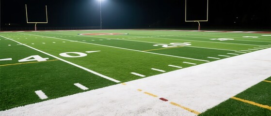 Fototapeta premium An artificial turf football field illuminated at night with clearly marked yard lines and goalposts.
