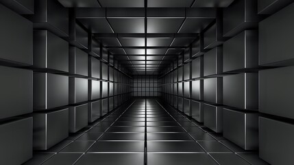 Dark futuristic corridor with metallic geometric pattern and dramatic lighting creating depth perspective. Modern minimalist architecture with repeating frames and reflective floor.