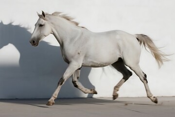 Obraz premium A white horse is galloping with its mane and tail flowing, showcasing its graceful and powerful movement.