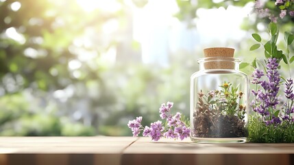 Small glass jar with cork lid containing miniature garden with soil and plants, surrounded by purple wildflowers on wooden surface in soft sunlight.