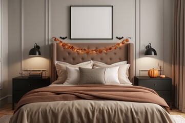 A bedroom decorated for halloween with a bed, nightstands, and a blank picture frame on the wall