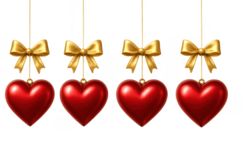 Four red hearts hanging with golden bows