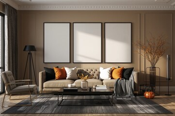A living room with three blank frames above a sofa with pillows and a coffee table with decorations