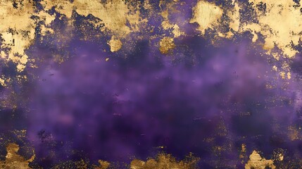 Purple and gold grunge texture with distressed edges and vintage weathered effect creates dramatic abstract background for luxury design projects.